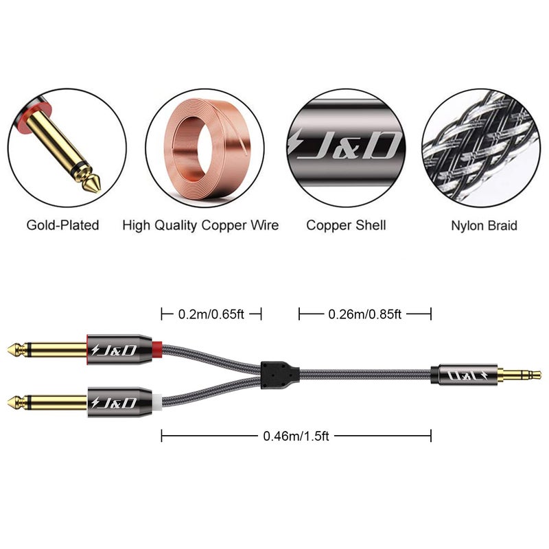 J&D 1/8 to 1/4 Stereo Cable, 3.5mm TRS to Dual 6.35mm TS Breakout Cable Y Splitter Cord for Amplifiers/Audio Mixer/Audio Recorder/MP3/MP4, Nylon Braid, Gold Plated Copper Shell, 1.5 Feet - Image 3
